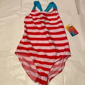 NWT LITTLE GIRLS 9/10 BATHING SUIT RED/WHITE STRIP